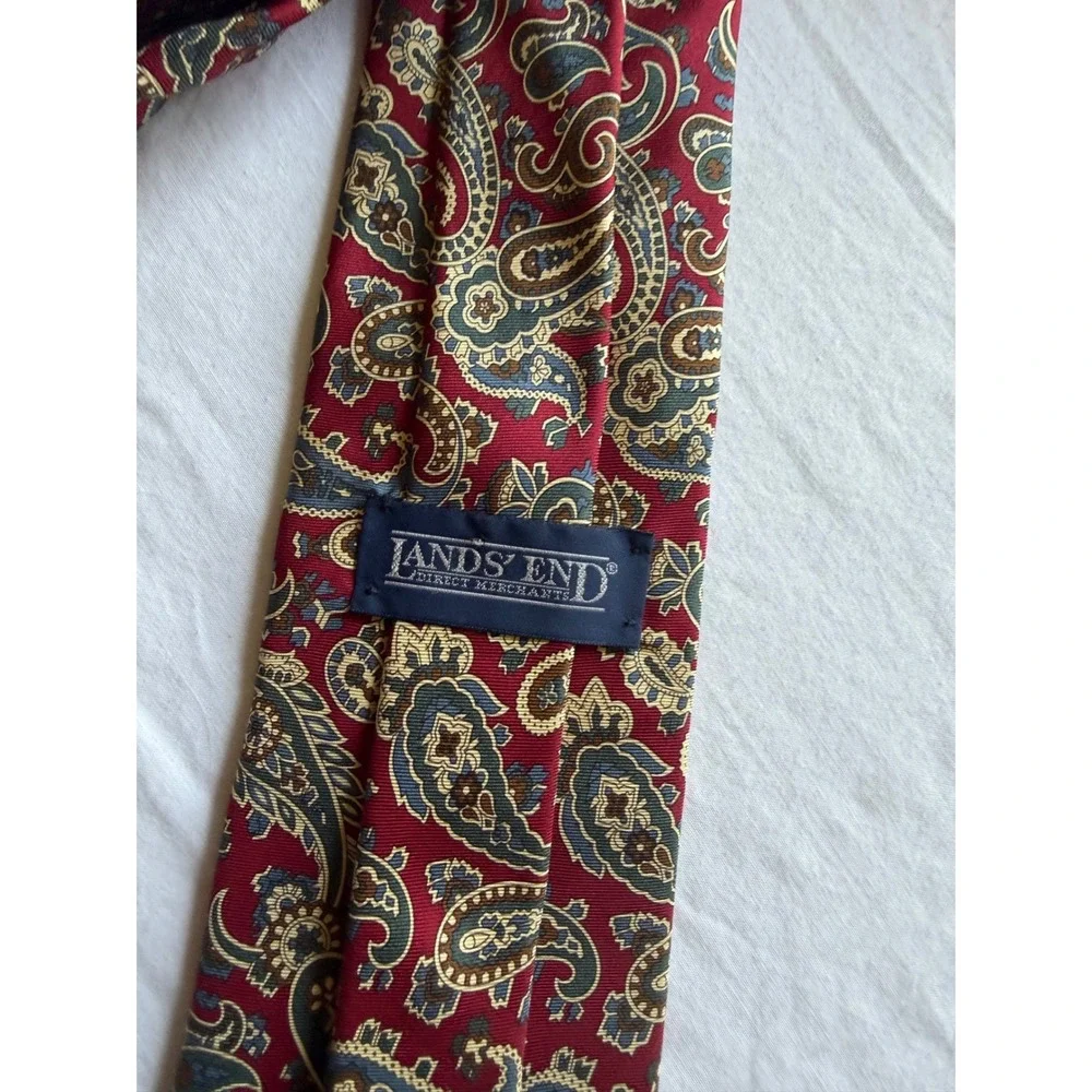 Lands End Men Red Paisley Silk Tie Handsewn USA Extra Long Preppy Formal Wedding